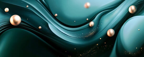Poster - Elegant abstract waves with golden spheres and smooth flowing lines in a serene teal background for modern design elements and creative concepts