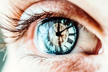 Poster - Close-up of Eye with Clock Reflection Symbolizing Time, Life, and Perception in Artistic and Conceptual Photography for Creative Projects