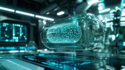 modern medical technology display, illuminated therapeutic capsule, cobalt digital matrix, precise laboratory interaction, cosmic particle effects, teal atmospheric lighting, professional