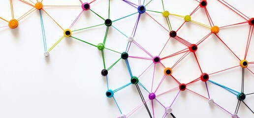 Poster - Colorful network connections with threads and pins illustrating complex relationships and collaboration in modern digital communication concepts and teamwork efforts
