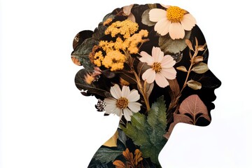 Poster - Artistic silhouette of a woman filled with vibrant flowers and foliage, showcasing the beauty of nature and femininity in a creative design that inspires peace.