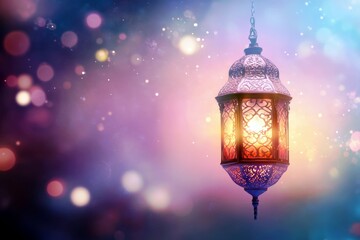 Poster - Beautiful ornate lantern glowing softly against a dreamy bokeh background, creating an enchanting atmosphere of warmth and light
