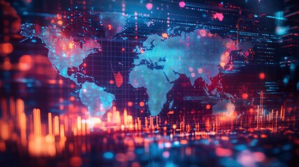 Poster - Global network data flow, digital world map, futuristic background, financial analysis