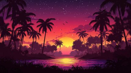 Wall Mural - Tropical sunset with palm trees and starry sky