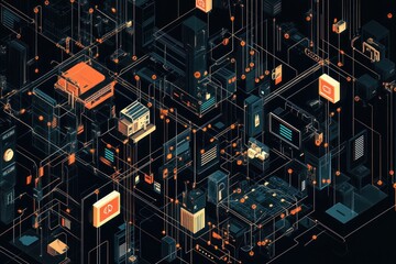 Poster - Network, digital, system, isometric, connection, data, technology, infrastructure, city, background