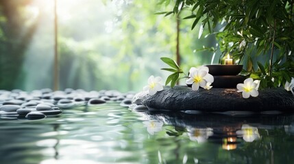 Wall Mural - Tranquil Zen Garden with Flowers and a Burning Candle