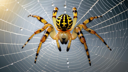 Araneus large spider. Araneus, a huge spider, perched on a web. spider. A garden spider on a web in a macro shot against a grey, organic backdrop. Close-up, isolated on light, text location