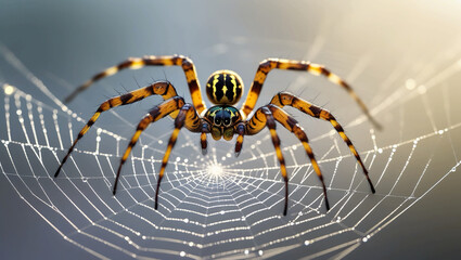 Araneus large spider. Araneus, a huge spider, perched on a web. spider. A garden spider on a web in a macro shot against a grey, organic backdrop. Close-up, isolated on light, text location