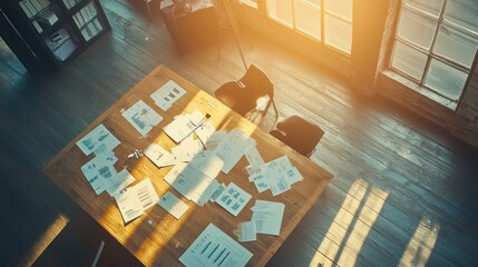 Poster - Sunlight streams into loft office, papers scattered on meeting table