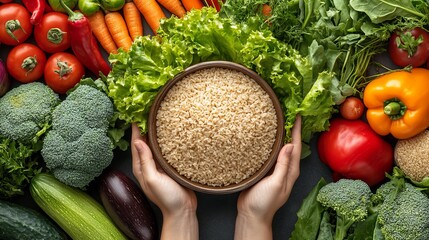 Wall Mural - A Colorful Bowl of Steamed Rice Surrounded by Fresh and Vibrant Vegetables Including Carrots Broccoli Peppers and Spinach Creating a Healthy and Nutritious Meal Presentation