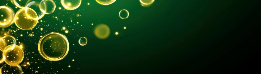 Poster - Elegant and Enchanting Golden Bubbles Floating Against a Deep Green Background with Sparkling Effects in an Abstract Visual Display of Light