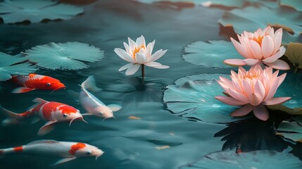 Poster - Serene Pond with Koi Fish and Lotus Flowers