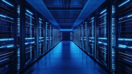 Poster - Data center servers glowing blue, hallway, network, technology