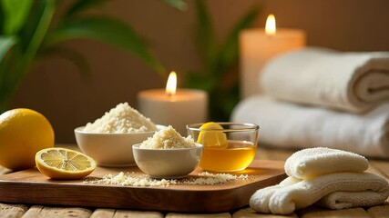 Poster - A wooden table with a bowl of sugar, a bowl of honey, a bowl of lemon juice, and a bowl of lemon slices
