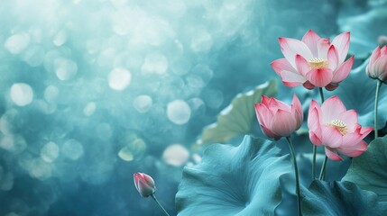 Wall Mural - Pink Lotus Blossoms with Delicate Blue Background