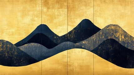 contemporary artistic japanese style ukiyoe with black mountain curves on a gold background, folding
