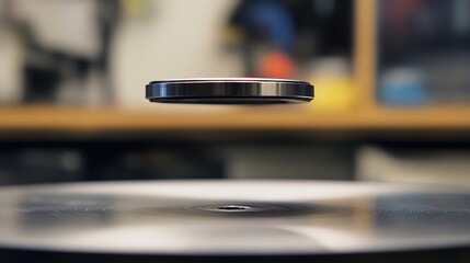 Poster - magnet hovering above a superconductive material, demonstrating magnetic levitation.