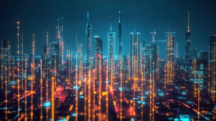 Poster - Futuristic city skyline, digital network, glowing, night, connection, data, technology, urban, abstract, future