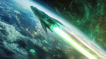 Fototapete - A green spaceship with glowing engines travels through space above Earth. The spaceship is leaving a bright green trail behind it as it blasts off into the vast unknown.