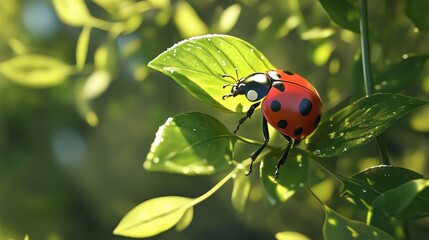 Poster - Ladybug on a Leaf with Morning Dew