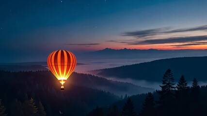 Fototapete - A hot air balloon is flying over a forest. The balloon is red and yellow. The sky is dark and cloudy