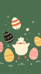 Wall Mural - cheerful chick surrounded by colorful Easter eggs on green grass