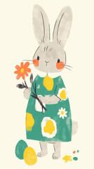 Wall Mural - cute bunny in floral dress holding flowers and standing by colorful eggs