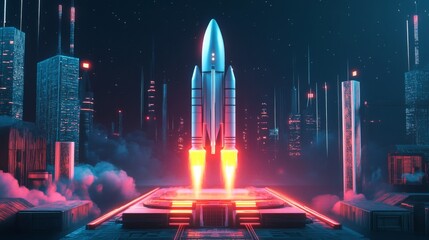 Leinwandbilder - A white rocket with red exhaust flames launches from a platform in a futuristic city at night. The city is filled with tall, glowing buildings and a dark sky filled with stars.