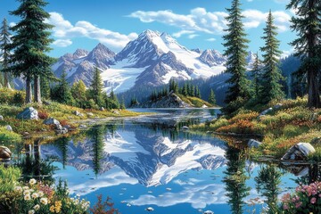 Wall Mural - Mountain lake reflection, sunny alpine scenery, postcard