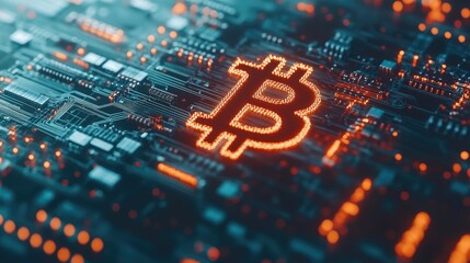Cryptocurrency with Bitcoin symbol integrated into futuristic digital circuit board design