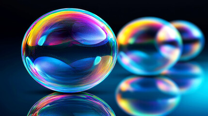 Wall Mural - Close-up of iridescent soap bubbles, showcasing vibrant colors and reflections. Abstract art, science, and nature photography.