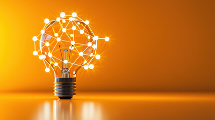 Fototapete - glowing light bulb with network of connected nodes symbolizes innovation and creativity. warm orange background enhances visual appeal, creating inspiring atmosphere