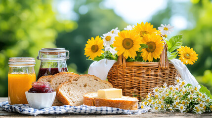 Poster - basket of freshly baked bread with butter, jam, and flowers creates delightful breakfast scene. vibrant sunflowers and greenery enhance cheerful atmosphere