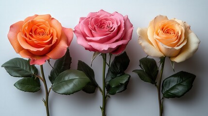 Wall Mural - Three vibrant roses in pastel colors arranged symmetrically on a light background, showcasing their beauty