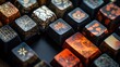 © Darminah - Close-up of a keyboard with custom keycaps featuring a variety of Japanese-inspired designs.