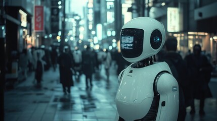 Poster - Robot walking city street, crowd blurred background, futuristic tech