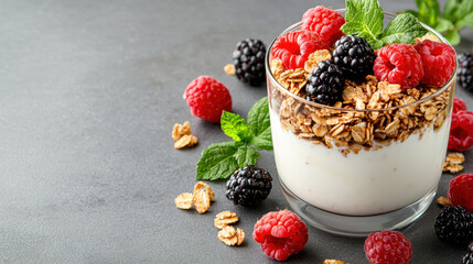 Poster - delicious breakfast parfait featuring layers of yogurt, granola, and fresh berries, garnished with mint leaves, perfect for healthy start to day
