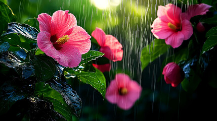 Sticker - Pink Hibiscus Flowers in the Rain: A Stunning Display of Nature's Beauty