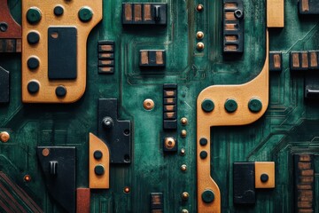 Poster - Close-up view of a green circuit board with interconnected components and copper tracks with a textured design