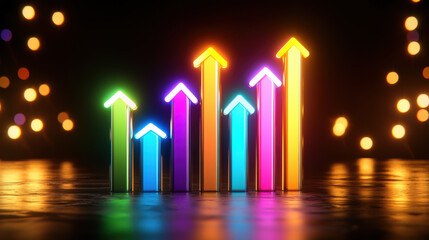 Leinwandbilder - vibrant 3D glowing bar chart with colorful upward arrows representing growth and progress. background features soft bokeh lights, enhancing dynamic feel of image