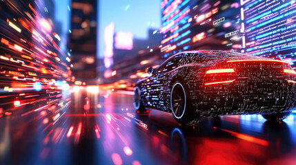 Poster - futuristic autonomous car in vibrant cityscape, showcasing dynamic lights and digital elements, evokes sense of speed and innovation