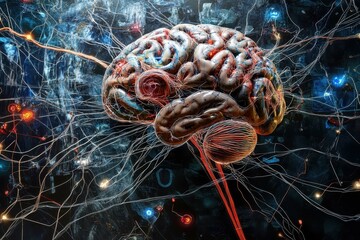 Poster - Intricate representation of a human brain with neural connections and digital elements illustrating cognitive processes