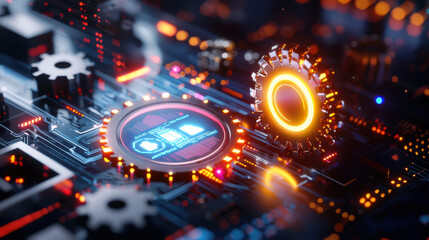 Fototapete - cinematic close up of futuristic digital dashboard featuring glowing elements, intricate circuits, and vibrant colors, showcasing advanced technology and innovation