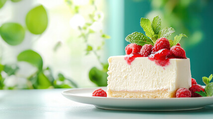 Aufkleber - Creamy cheesecake slice topped with fresh raspberries and mint leaves, served on plate. vibrant colors and natural setting create refreshing and inviting atmosphere