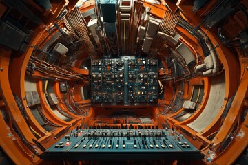 Poster - Futuristic control room with intricate wiring and complex machinery in a spacecraft setting