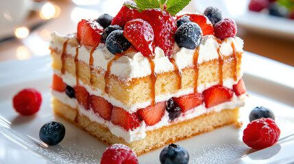 Aufkleber - Delicious slice of cake topped with fresh strawberries, blueberries, and raspberries, drizzled with syrup, perfect for dessert lovers