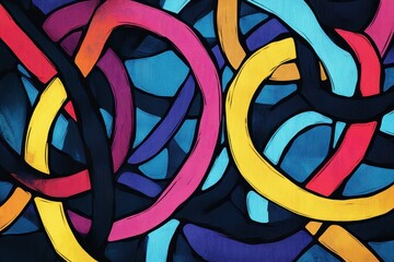Poster - Abstract design featuring colorful loops and intertwining lines in vibrant shades on a dark background