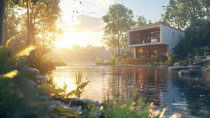 Canvas Print - Modern house by lake at sunset.