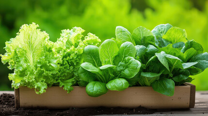 Poster - Fresh organic vegetables, including various types of lettuce, are displayed in wooden planter, showcasing vibrant green colors and healthy leaves
