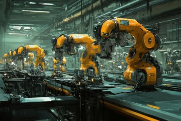 Poster - Robots assemble machinery in a high-tech factory during the day
